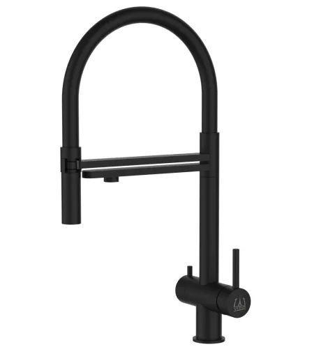 3 Wege Wasserhahn Küchenarmatur, Edelstahl Massiv mit 360° schwenkbarem Auslauf und abnehmbare 2 strahl Handbrause, PVD Schwarz Matt
