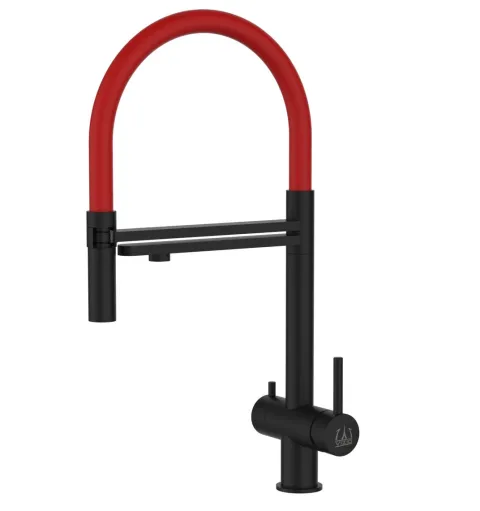 3 Wege Wasserhahn Küchenarmatur, Edelstahl Massiv mit 360° schwenkbarem Auslauf und abnehmbare 2 strahl Handbrause, PVD Schwarz Matt / Rot
