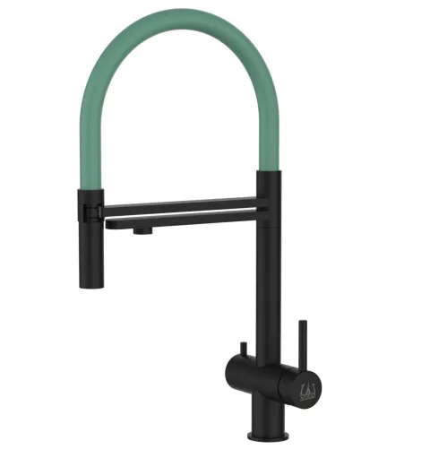 3 Wege Wasserhahn Küchenarmatur, Edelstahl Massiv mit 360° schwenkbarem Auslauf und abnehmbare 2 strahl Handbrause, PVD Schwarz Matt / Türkis