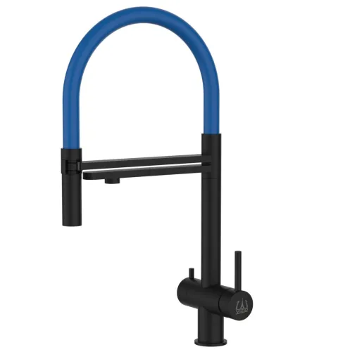 3 Wege Wasserhahn Küchenarmatur, Edelstahl Massiv mit 360° schwenkbarem Auslauf und abnehmbare 2 strahl Handbrause, PVD Schwarz Matt / Blau
