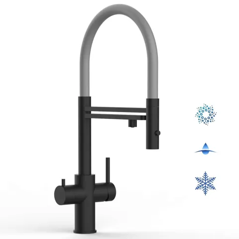 5 Wege Wasserhahn Küchenarmatur, Edelstahl Massiv mit 360° schwenkbarem Auslauf, abnehmbare 2 strahl Handbrause, PVD Schwarz Matt / Grau