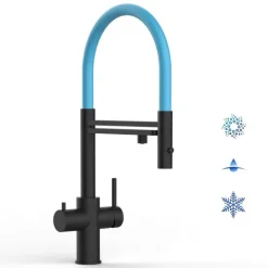 5 Wege Wasserhahn Küchenarmatur, Edelstahl Massiv mit 360° schwenkbarem Auslauf, abnehmbare 2 strahl Handbrause, PVD Schwarz Matt / Hellblau