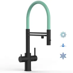 5 Wege Wasserhahn Küchenarmatur, Edelstahl Massiv mit 360° schwenkbarem Auslauf, abnehmbare 2 strahl Handbrause, PVD Schwarz Matt / Türkis