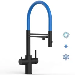 5 Wege Wasserhahn Küchenarmatur, Edelstahl Massiv mit 360° schwenkbarem Auslauf, abnehmbare 2 strahl Handbrause, PVD Schwarz Matt / Blau