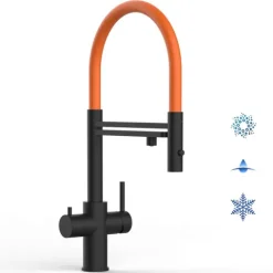 5 Wege Wasserhahn Küchenarmatur, Edelstahl Massiv mit 360° schwenkbarem Auslauf, abnehmbare 2 strahl Handbrause, PVD Schwarz Matt / Orange