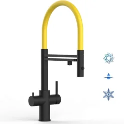 5 Wege Wasserhahn Küchenarmatur, Edelstahl Massiv mit 360° schwenkbarem Auslauf, abnehmbare 2 strahl Handbrause, PVD Schwarz Matt / Gelb