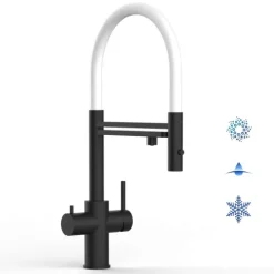 5 Wege Wasserhahn Küchenarmatur, Edelstahl Massiv mit 360° schwenkbarem Auslauf, abnehmbare 2 strahl Handbrause, PVD Schwarz Matt / Weiß