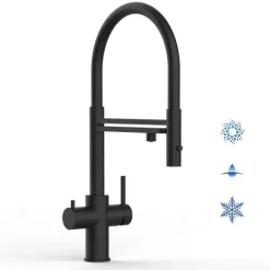 5 Wege Wasserhahn Küchenarmatur, Edelstahl Massiv mit 360° schwenkbarem Auslauf, abnehmbare 2 strahl Handbrause, PVD Schwarz Matt