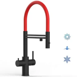5 Wege Wasserhahn Küchenarmatur, Edelstahl Massiv mit 360° schwenkbarem Auslauf, abnehmbare 2 strahl Handbrause, PVD Schwarz Matt / Rot