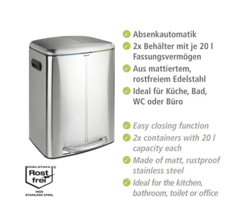 Wenko Treteimer Easy Close Anzahl Fächer 2 2x 20 Liter hellgrau