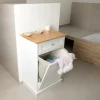 WONDERMAKE - Wäscheschrank hoch oder Mülleimer-Schrank aus Holz / Bambus, Wäschesammler Hochschrank für Badezimmer oder Küche ausklappbar mit Schublade, weiß