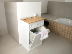 WONDERMAKE - Wäscheschrank hoch oder Mülleimer-Schrank aus Holz / Bambus, Wäschesammler Hochschrank für Badezimmer oder Küche ausklappbar mit Schublade, weiß