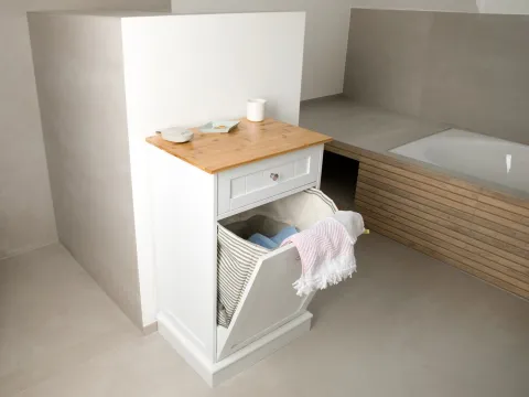 WONDERMAKE - Wäscheschrank hoch oder Mülleimer-Schrank aus Holz / Bambus, Wäschesammler Hochschrank für Badezimmer oder Küche ausklappbar mit Schublade, weiß