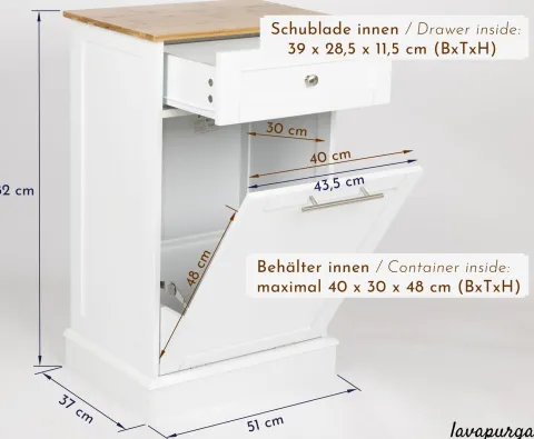WONDERMAKE - Wäscheschrank hoch oder Mülleimer-Schrank aus Holz / Bambus, Wäschesammler Hochschrank für Badezimmer oder Küche ausklappbar mit Schublade, weiß