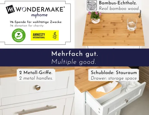WONDERMAKE - Wäscheschrank hoch oder Mülleimer-Schrank aus Holz / Bambus, Wäschesammler Hochschrank für Badezimmer oder Küche ausklappbar mit Schublade, weiß