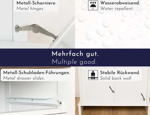 WONDERMAKE - Wäscheschrank hoch oder Mülleimer-Schrank aus Holz / Bambus, Wäschesammler Hochschrank für Badezimmer oder Küche ausklappbar mit Schublade, weiß