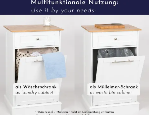 WONDERMAKE - Wäscheschrank hoch oder Mülleimer-Schrank aus Holz / Bambus, Wäschesammler Hochschrank für Badezimmer oder Küche ausklappbar mit Schublade, weiß