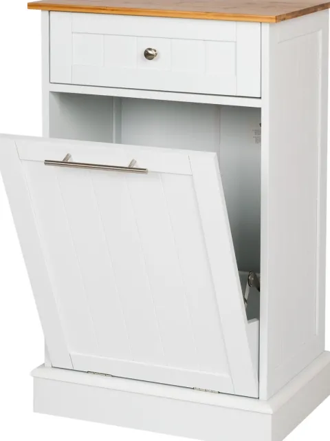 WONDERMAKE - Wäscheschrank hoch oder Mülleimer-Schrank aus Holz / Bambus, Wäschesammler Hochschrank für Badezimmer oder Küche ausklappbar mit Schublade, weiß