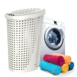 Wäschekorb mit Deckel Wäschesammler Rattan Wäschekorb Plastik Wäschetonne Groß Wäschetruhe Weiß Wäschesammler geflochten Wäschebox mit Deckel Wäscheaufbewahrung 43 L