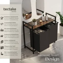 Wäschesortierer tectake höhenverstellbare Kunststofffüße Industrial-Style, 2 oder 3 ausziehbare Fächer schwarz/braun