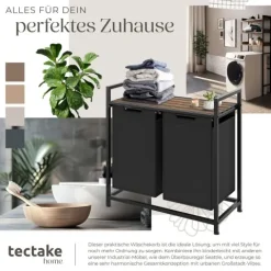 Wäschesortierer tectake höhenverstellbare Kunststofffüße Industrial-Style, 2 oder 3 ausziehbare Fächer schwarz/braun