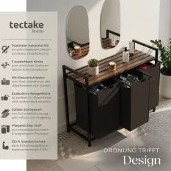 Wäschesortierer tectake höhenverstellbare Kunststofffüße Industrial-Style, 2 oder 3 ausziehbare Fächer schwarz/braun