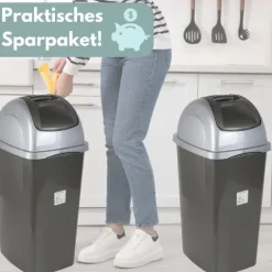 2x Mülleimer Schwingdeckel Mülleimer Küche 33 L Groß 60 cm Schwingeimer Mülltrenner Abfalleimer Küche Mülleimer mit Deckel Küchenabfalleimer