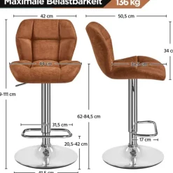 Yaheetech 2er Barhocker mit Rückenlehne , Retro-Braun