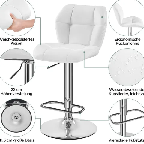 Yaheetech 2er Barhocker mit Rückenlehne , Weiß
