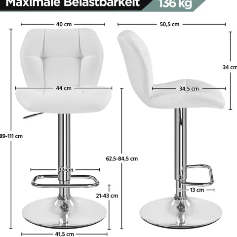 Yaheetech 2er Barhocker mit Rückenlehne , Weiß