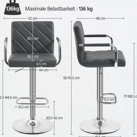 Yaheetech 2er Set Barhocker mit Armlehnen , Dunkelgrau