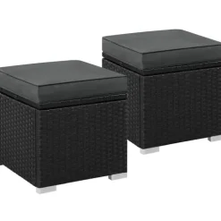 Yaheetech 2er-Set Sitzhocker mit Stauraum, Wetterfest Gartenhocker mit Abnehmbarem Kissen & Fußhocker Flache Rattanoptik für Outdoor Garten Terrasse, Schwarz & Grau