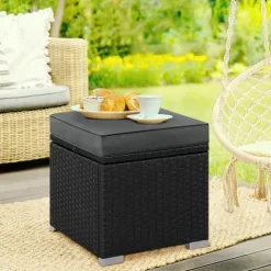 Yaheetech 2er-Set Sitzhocker mit Stauraum, Wetterfest Gartenhocker mit Abnehmbarem Kissen & Fußhocker Flache Rattanoptik für Outdoor Garten Terrasse, Schwarz & Grau