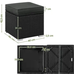 Yaheetech 2er-Set Sitzhocker mit Stauraum, Wetterfest Gartenhocker mit Abnehmbarem Kissen & Fußhocker Flache Rattanoptik für Outdoor Garten Terrasse, Schwarz & Grau