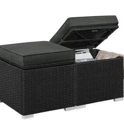 Yaheetech 2er-Set Sitzhocker mit Stauraum, Wetterfest Gartenhocker mit Abnehmbarem Kissen & Fußhocker Flache Rattanoptik für Outdoor Garten Terrasse, Schwarz & Grau