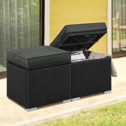 Yaheetech 2er-Set Sitzhocker mit Stauraum, Wetterfest Gartenhocker mit Abnehmbarem Kissen & Fußhocker Flache Rattanoptik für Outdoor Garten Terrasse, Schwarz & Grau