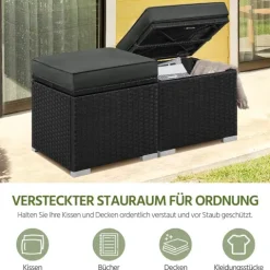 Yaheetech 2er-Set Sitzhocker mit Stauraum, Wetterfest Gartenhocker mit Abnehmbarem Kissen & Fußhocker Flache Rattanoptik für Outdoor Garten Terrasse, Schwarz & Grau