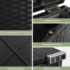 Yaheetech 2er-Set Sitzhocker mit Stauraum, Wetterfest Gartenhocker mit Abnehmbarem Kissen & Fußhocker Flache Rattanoptik für Outdoor Garten Terrasse, Schwarz & Grau