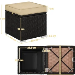 Yaheetech 2er-Set Sitzhocker mit Stauraum, Wetterfest Gartenhocker mit Abnehmbarem Kissen & Fußhocker Flache Rattanoptik für Outdoor Garten Terrasse, Braun & Khaki