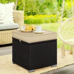 Yaheetech 2er-Set Sitzhocker mit Stauraum, Wetterfest Gartenhocker mit Abnehmbarem Kissen & Fußhocker Flache Rattanoptik für Outdoor Garten Terrasse, Braun & Khaki