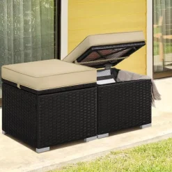 Yaheetech 2er-Set Sitzhocker mit Stauraum, Wetterfest Gartenhocker mit Abnehmbarem Kissen & Fußhocker Flache Rattanoptik für Outdoor Garten Terrasse, Braun & Khaki