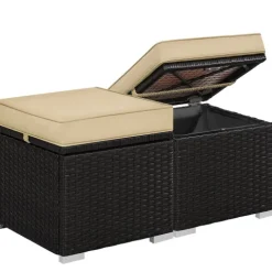 Yaheetech 2er-Set Sitzhocker mit Stauraum, Wetterfest Gartenhocker mit Abnehmbarem Kissen & Fußhocker Flache Rattanoptik für Outdoor Garten Terrasse, Braun & Khaki