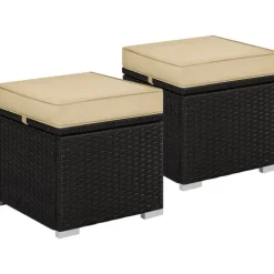 Yaheetech 2er-Set Sitzhocker mit Stauraum, Wetterfest Gartenhocker mit Abnehmbarem Kissen & Fußhocker Flache Rattanoptik für Outdoor Garten Terrasse, Braun & Khaki