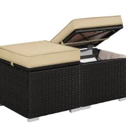 Yaheetech 2er-Set Sitzhocker mit Stauraum, Wetterfest Gartenhocker mit Abnehmbarem Kissen & Fußhocker Flache Rattanoptik für Outdoor Garten Terrasse, Braun & Khaki