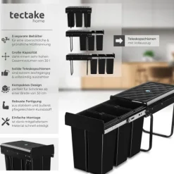 Abfallsammler tectake Ashlyn 26 x 48 x 42 cm 3-fach Mülltrennung, 3x10L schwarz