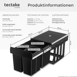 Abfallsammler tectake Ashlyn 35 x 48 x 35 cm 3-fach Mülltrennung, 2x8L und 1x15L schwarz