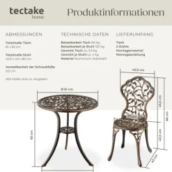 Aluminium Bistroset tectake Lyon Stühle mit höhenverstellbaren Kunststofffüßen für 2 Personen, im Vintage-Design schwarz/grau