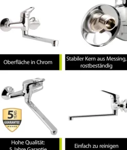 aquaSu® Küchenarmatur Alaska, Wasserhahn Küche, Spültischarmatur zur Aufputz-Wandmontage, langer Auslauf schwenkbar, Einhebelmischer für Spüle mit Messingkern und Wasserspar-Mischdüse, chrom, 796095