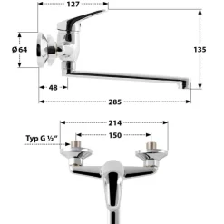 aquaSu® Küchenarmatur Alaska, Wasserhahn Küche, Spültischarmatur zur Aufputz-Wandmontage, langer Auslauf schwenkbar, Einhebelmischer für Spüle mit Messingkern und Wasserspar-Mischdüse, chrom, 796095