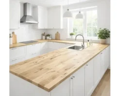Arbeitsplatte Eiche massiv rustikale Sortierung schwarz gekittet mit durchgehenden Lamellen 2400 x 635 x 27 mm